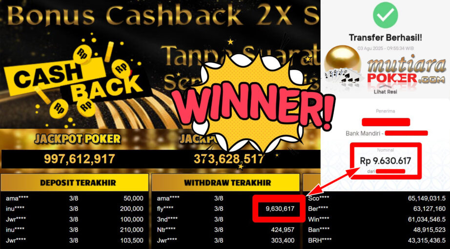 Bukti Withdraw ( 9.630.617,- ) Member Setia MutiaraPoker