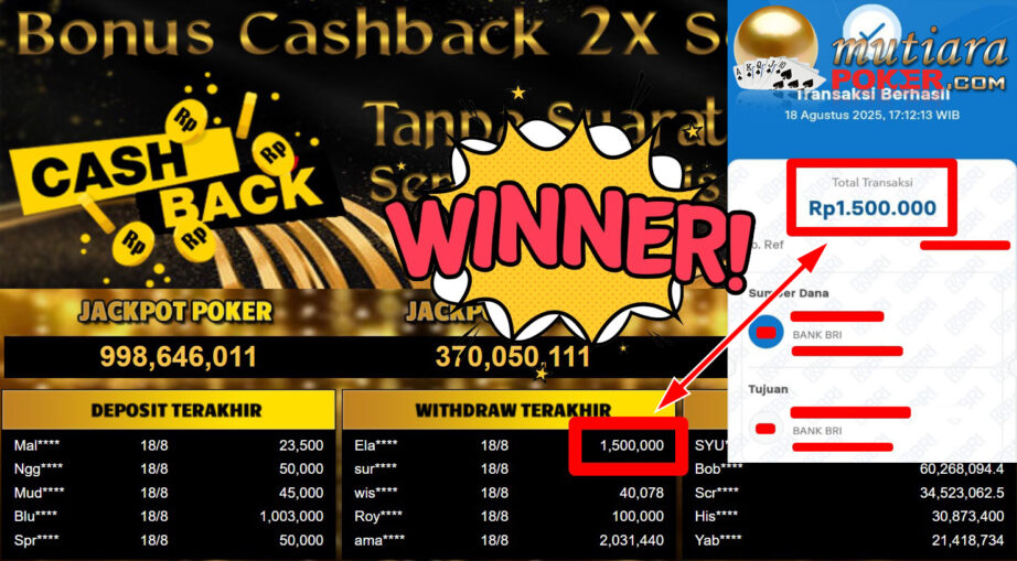 Bukti Withdraw ( 1.500.000,- ) Member Setia MutiaraPoker