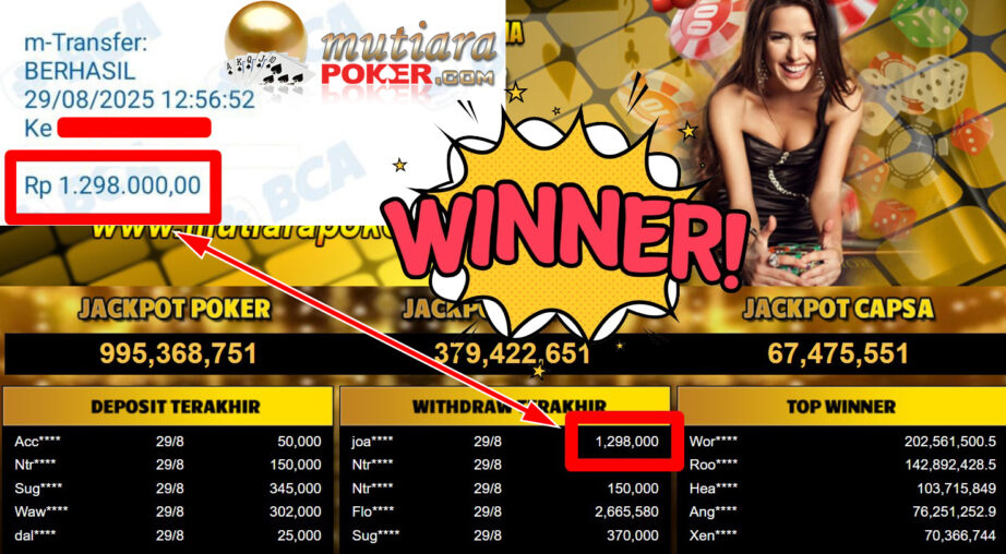 Bukti Withdraw ( 1.298.000,- ) Member Setia MutiaraPoker