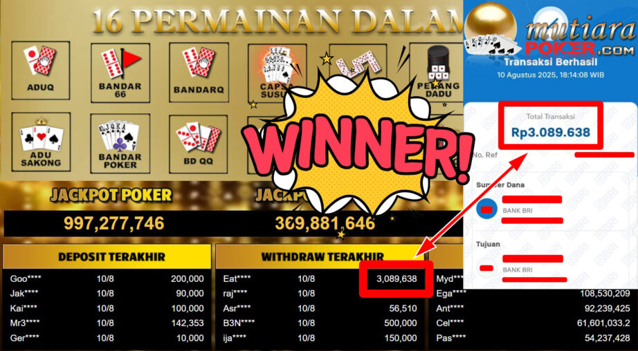 Bukti Withdraw ( 3.089.638,- ) Member Setia MutiaraPoker