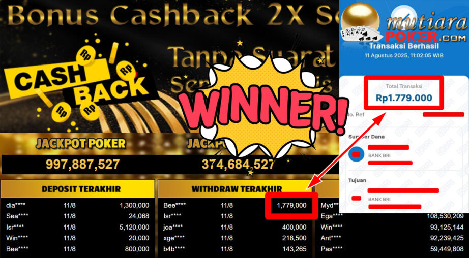 Bukti Withdraw ( 1.779.000,- ) Member Setia MutiaraPoker