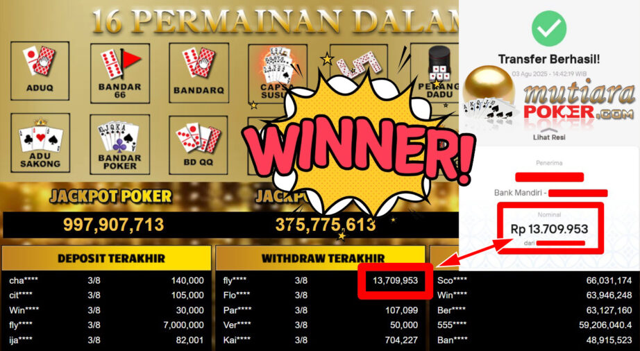 Bukti Withdraw ( 13.709.953,- ) Member Setia MutiaraPoker