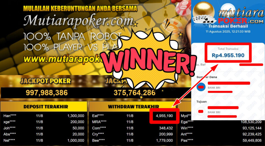 Bukti Withdraw ( 4.955.190,- ) Member Setia MutiaraPoker