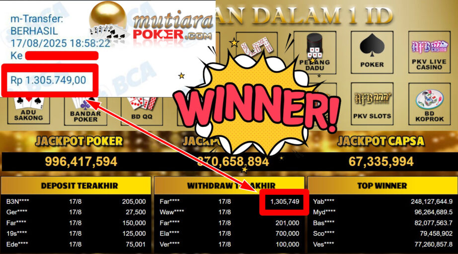 Bukti Withdraw ( 1.305.749,- ) Member Setia MutiaraPoker