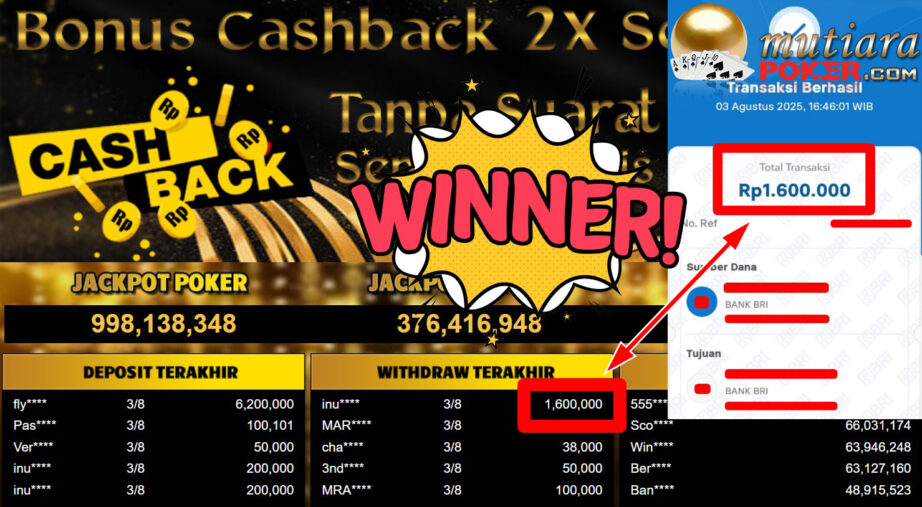 Bukti Withdraw ( 1.600.000,- ) Member Setia MutiaraPoker