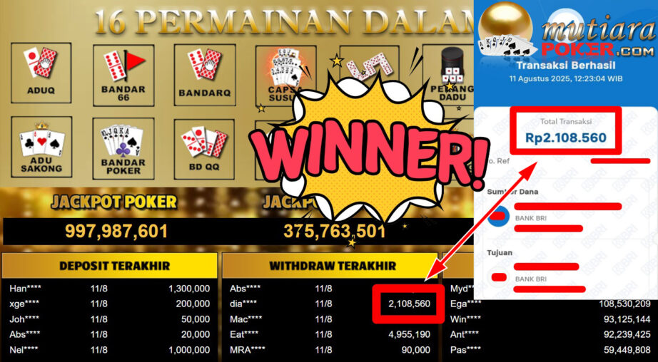 Bukti Withdraw ( 2.108.560,- ) Member Setia MutiaraPoker