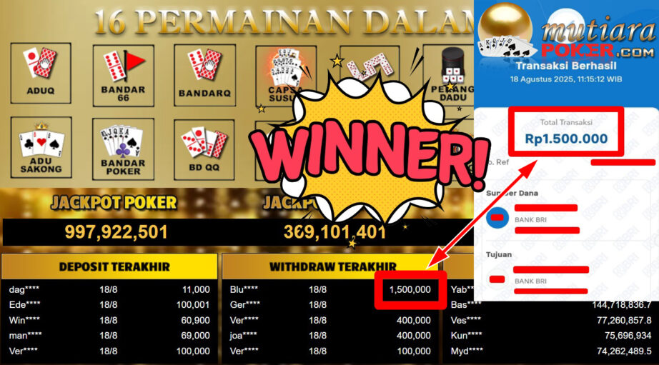 Bukti Withdraw ( 1.500.000,- ) Member Setia MutiaraPoker