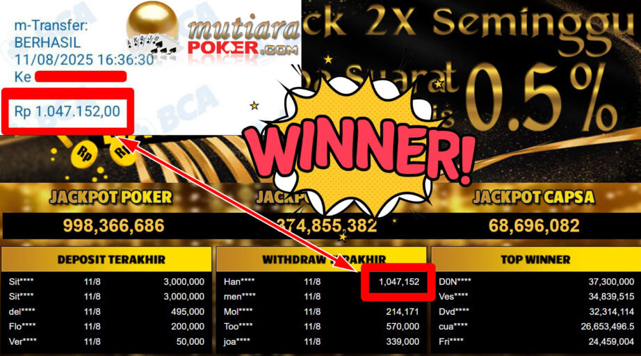 Bukti Withdraw ( 1.047.152,- ) Member Setia MutiaraPoker