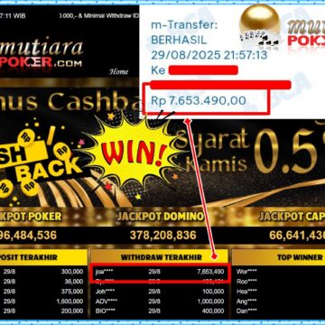 Bukti Withdraw ( 7,653,490,- ) Member Setia MutiaraPoker