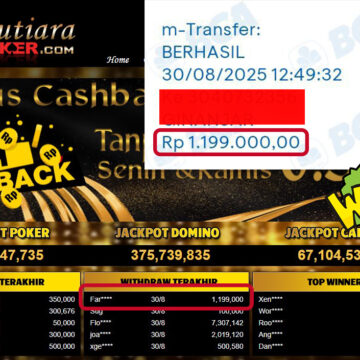 Bukti Withdraw ( 1,199,000,- ) Member Setia MutiaraPoker