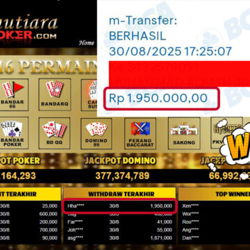 Bukti Withdraw ( 1,950,000,- ) Member Setia MutiaraPoker