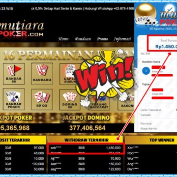 Bukti Withdraw ( 1,450,000,- ) Member Setia MutiaraPoker