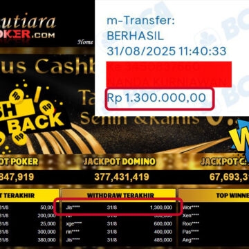 Bukti Withdraw ( 1,300,000,- ) Member Setia MutiaraPoker