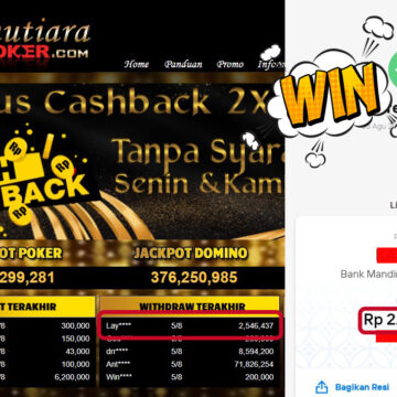Bukti Withdraw ( 2,546,437,- ) Member Setia MutiaraPoker