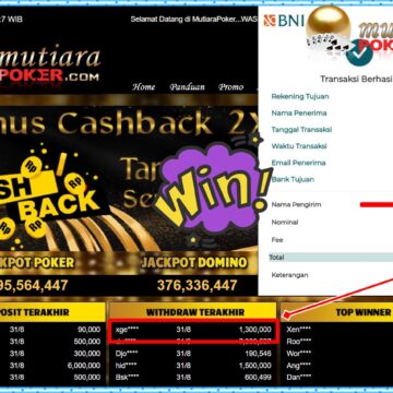 Bukti Withdraw ( 1,300,000,- ) Member Setia MutiaraPoker