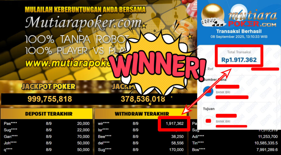 Bukti Withdraw ( 1.917.362,- ) Member Setia MutiaraPoker