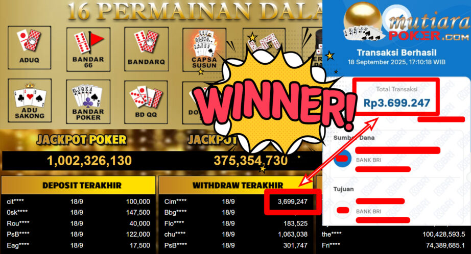 Bukti Withdraw ( 3.699.247,- ) Member Setia MutiaraPoker
