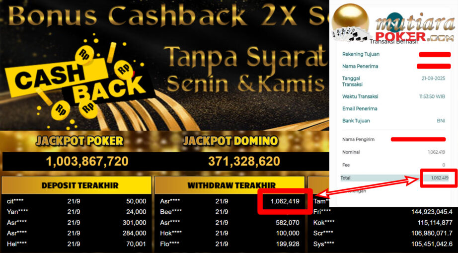 Bukti Withdraw ( 1.062.419,- ) Member Setia MutiaraPoker