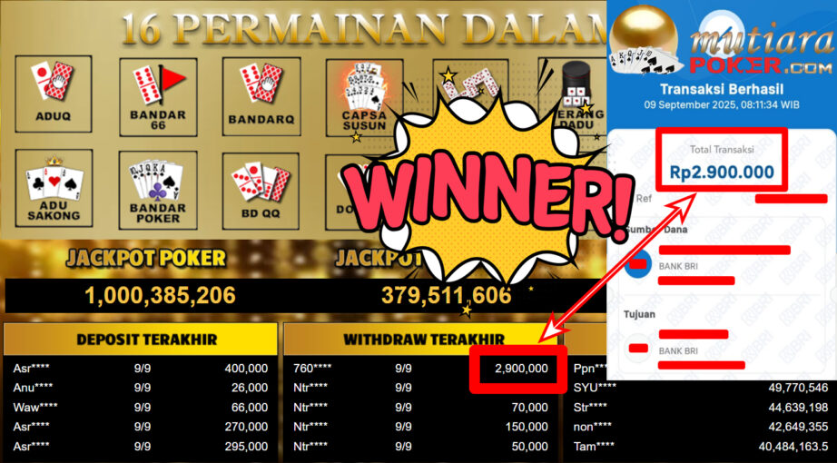 Bukti Withdraw ( 2.900.000,- ) Member Setia MutiaraPoker