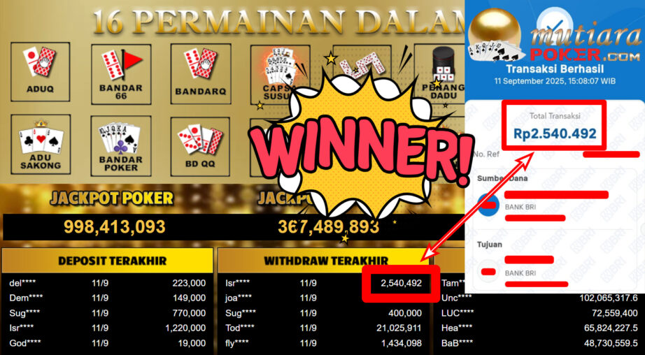 Bukti Withdraw ( 2.540.492,- ) Member Setia MutiaraPoker