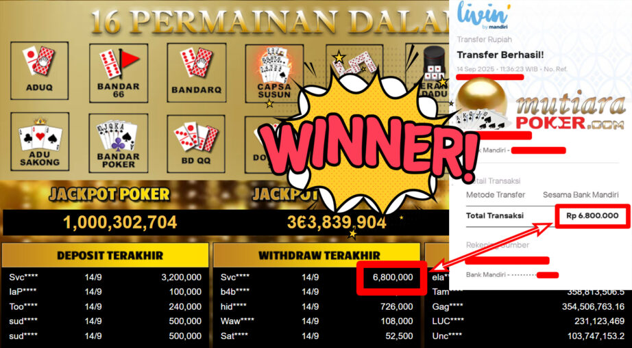 Bukti Withdraw ( 6.800.000,- ) Member Setia MutiaraPoker