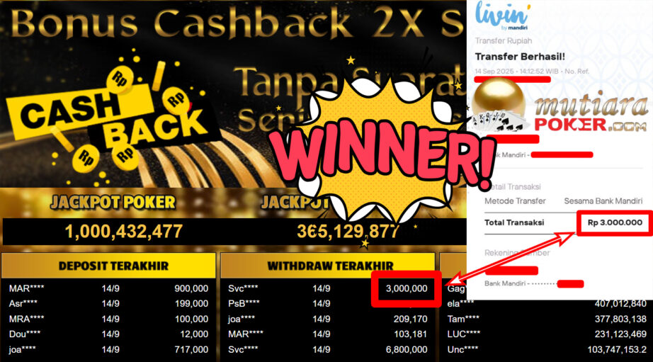 Bukti Withdraw ( 3.000.000,- ) Member Setia MutiaraPoker
