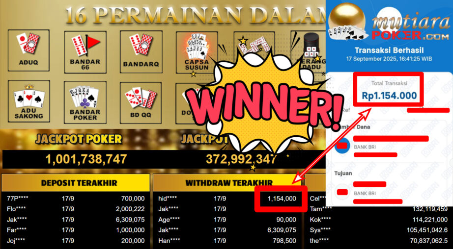 Bukti Withdraw ( 1.154.000,- ) Member Setia MutiaraPoker