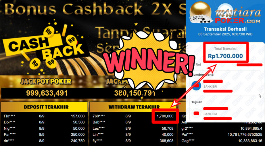 Bukti Withdraw ( 1.700.000,- ) Member Setia MutiaraPoker