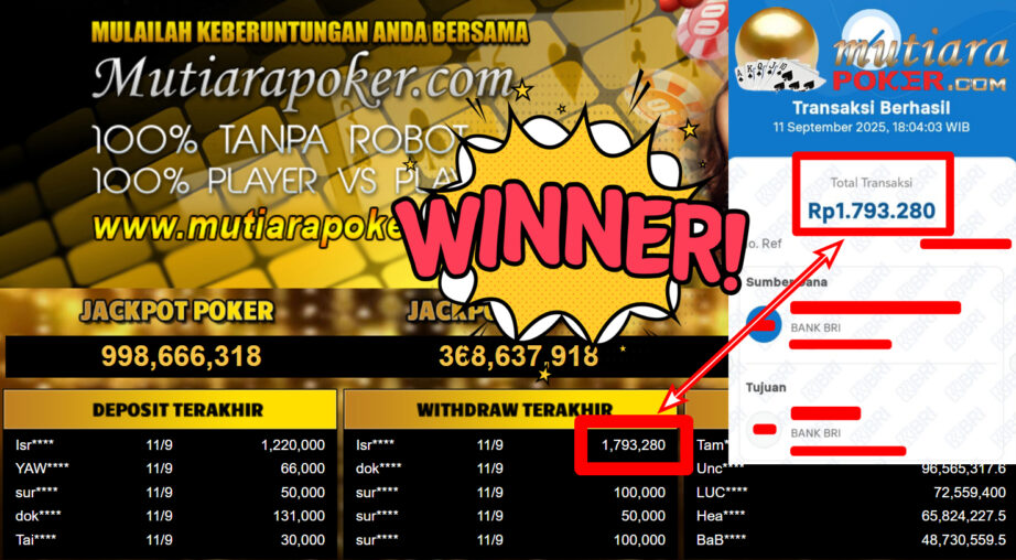 Bukti Withdraw ( 1.793.280,- ) Member Setia MutiaraPoker