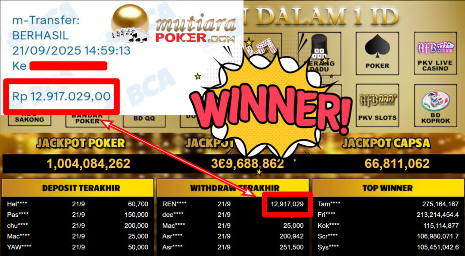 Bukti Withdraw ( 12.917.029,- ) Member Setia MutiaraPoker