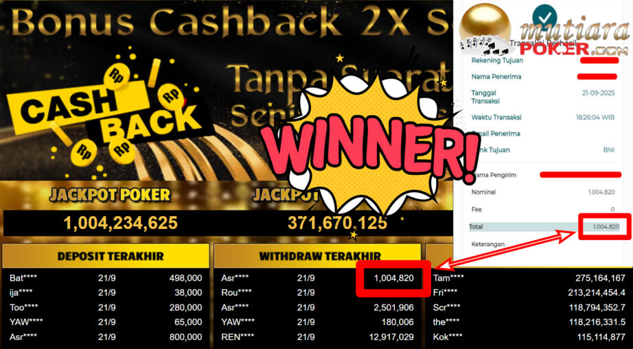 Bukti Withdraw ( 1.004.820,- ) Member Setia MutiaraPoker