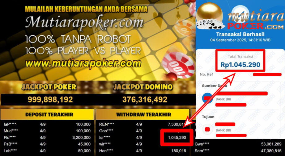 Bukti Withdraw ( 1.045.290,- ) Member Setia MutiaraPoker