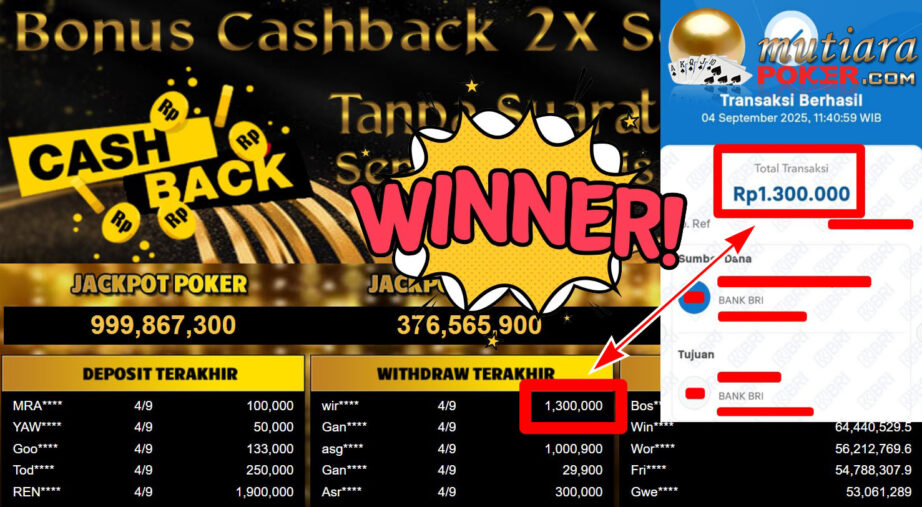 Bukti Withdraw ( 1.300.000,- ) Member Setia MutiaraPoker