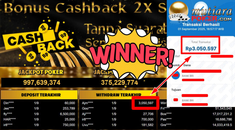 Bukti Withdraw ( 3.050.597,- ) Member Setia MutiaraPoker