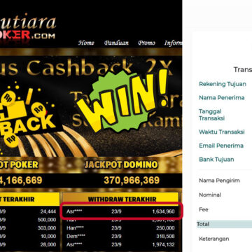 Bukti Withdraw ( 1,634,960,- ) Member Setia MutiaraPoker