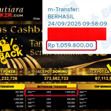 Bukti Withdraw ( 1,059,800,- ) Member Setia MutiaraPoker