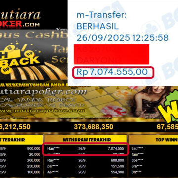 Bukti Withdraw ( 7,074,555,- ) Member Setia MutiaraPoker