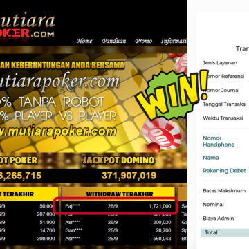 Bukti Withdraw ( 1,721,000,- ) Member Setia MutiaraPoker