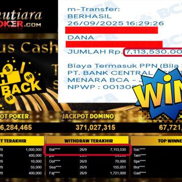 Bukti Withdraw ( 7,113,530,- ) Member Setia MutiaraPoker