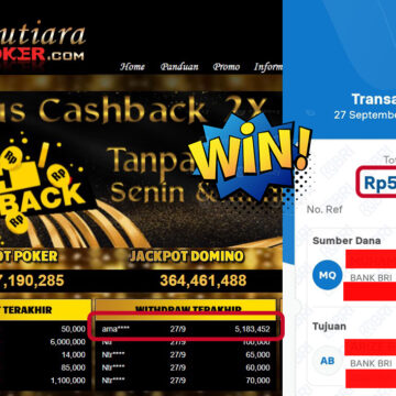 Bukti Withdraw ( 5,183,452,- ) Member Setia MutiaraPoker