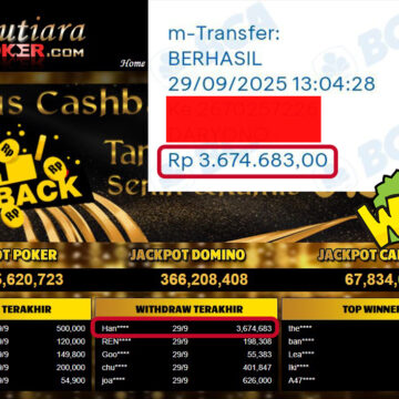 Bukti Withdraw ( 3,674,683,- ) Member Setia MutiaraPoker