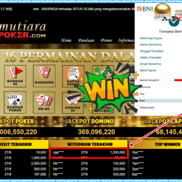 Bukti Withdraw ( 1,000,000,- ) Member Setia MutiaraPoker