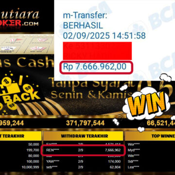 Bukti Withdraw ( 7,666,962,- ) Member Setia MutiaraPoker