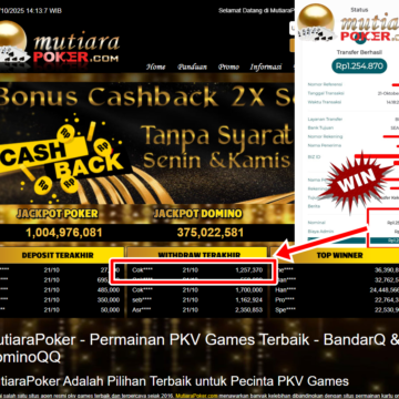 Bukti Withdraw ( 1,257,370,- ) Member Setia MutiaraPoker