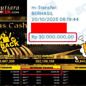 Bukti Withdraw ( 30,000,000,- ) Member Setia MutiaraPoker