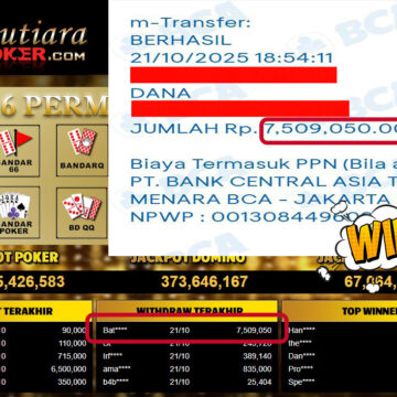 Bukti Withdraw ( 7,509,050,- ) Member Setia MutiaraPokerc