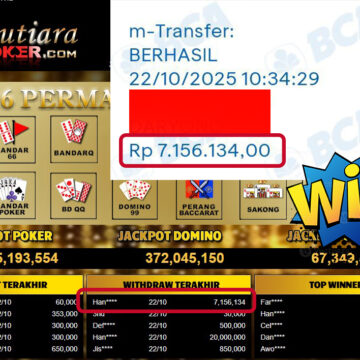 Bukti Withdraw ( 7,156,134,- ) Member Setia MutiaraPokerc