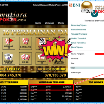 Bukti Withdraw ( 2,157,531,- ) Member Setia MutiaraPokerc