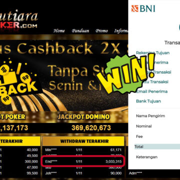 Bukti Withdraw ( 3,033,315,- ) Member Setia MutiaraPoker