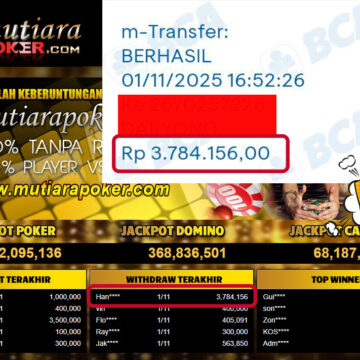 Bukti Withdraw ( 3,784,156,- ) Member Setia MutiaraPoker